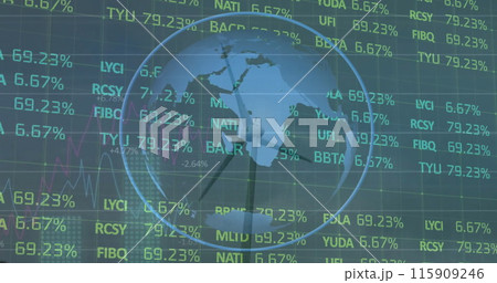 Image of financial data processing over globe and wind turbine Image of financial data processing over globe and wind turbine 115909246