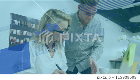 Image of data processing over caucasian businessman and businesswoman 115909609