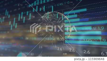 Image of data processing, diagrams and stock market over globe 115909648