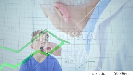 Image of data processing over caucasian male doctor and boy patient in hospital 115909662