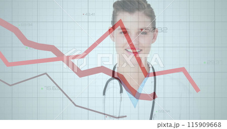 Image of data processing over caucasian female doctor in hospital 115909668
