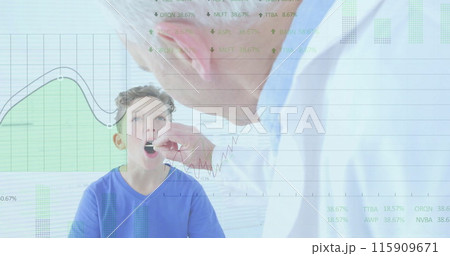 Image of data processing over caucasian male doctor and boy patient in hospital 115909671
