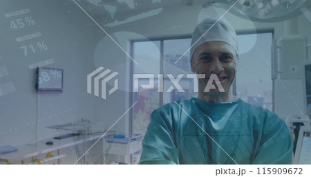 Image of data processing over caucasian male surgeon in hospital Image of data processing over caucasian male surgeon in hospital 115909672