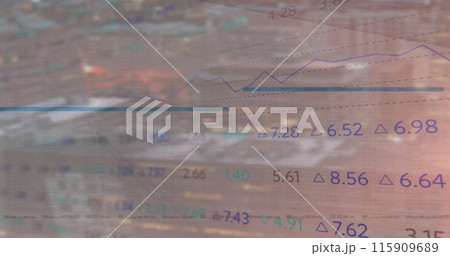 Image of data processing, diagrams and stock market over cityscape Image of data processing, diagrams and stock market over cityscape 115909689