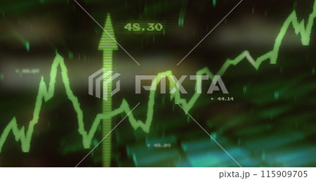 Image of data processing, diagrams and stock market over black background Image of data processing, diagrams and stock market over black background 115909705