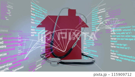 Image of dna strand, stethoscope, house and data processing 115909712