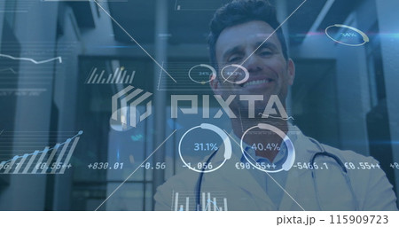 Image of data processing over caucasian male doctor 115909723
