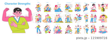 Character Strengths set. Diverse individuals embodying virtues like creativity, love, leadership. Expressive scenes of personal growth and positive traits. Vector illustration. Character Strengths set. Diverse individuals embodying virtues like creativity, love, leadership. Expressive scenes of personal growth and positive traits. Vector illustration. 115909728