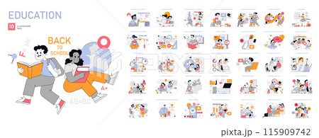 Education set. Diverse learning methods and modern educational concepts. Classroom innovation, technology integration, and lifelong learning themes. Vector illustration. Education set. Diverse learning methods and modern educational concepts. Classroom innovation, technology integration, and lifelong learning themes. Vector illustration. 115909742