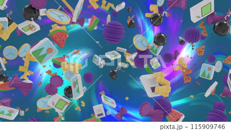 Image of various 3d media icons advancing over colourful blue swirl background Image of various 3d media icons advancing over colourful blue swirl background 115909746