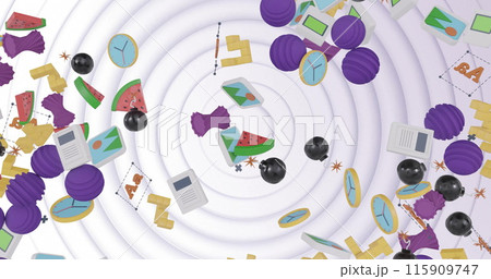 Image of various 3d media icons falling and collecting over white concentric rings 115909747