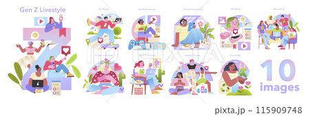 Gen Z Lifestyle set. Digital natives engaging in modern activities. Online presence, wellness, eco-consciousness, and social interaction. Vector illustration. 115909748
