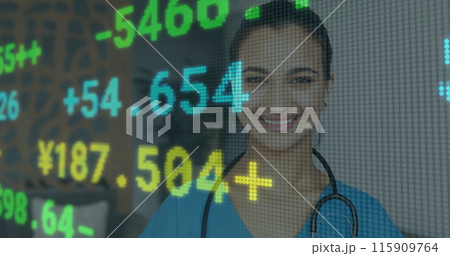 Image of financial data processing over caucasian female doctor 115909764