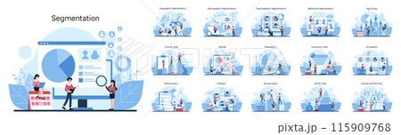 Comprehensive Market Segmentation guide. An all-encompassing vector set illustrating diverse consumer groups across demographic, geographic, and psychographic lines. Vector illustration 115909768