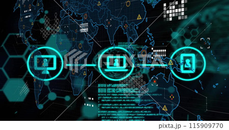 Image of data processing and icons with connections over world map Image of data processing and icons with connections over world map 115909770