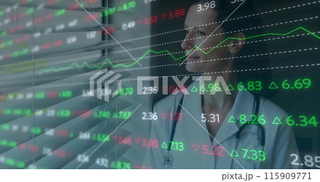Image of data processing over caucasian female doctor 115909771