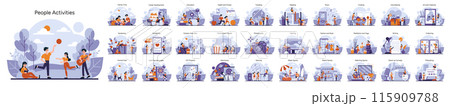 People Activities set. A diverse collection captures individuals and families immersed in hobbies and tasks from gardening to podcasting, enhancing everyday life. Vector illustration 115909788