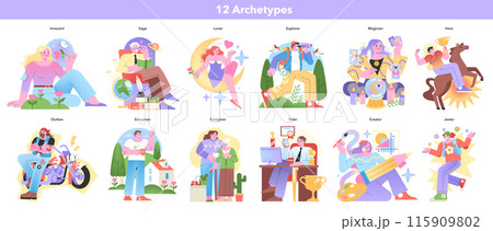 Personality Archetypes set. Illustrations of twelve character archetypes in various scenarios. Expressive and colorful personality representations. Vector illustration. 115909802