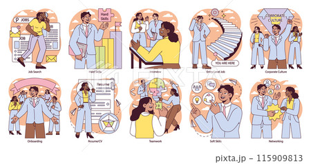 First Job set. Career start and workplace integration process. Job search, interview techniques, and corporate culture. Networking, teamwork, and skill development illustrated. Vector illustration. 115909813