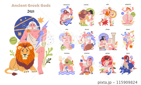 Ancient Greek Gods set. Pantheon of Olympians with symbolic attributes. Zeus with a lightning bolt, Athena with an owl, and others. Vector illustration. Ancient Greek Gods set. Pantheon of Olympians with symbolic attributes. Zeus with a lightning bolt, Athena with an owl, and others. Vector illustration. 115909824