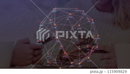 Image of web of connections with numbers floating over man and woman using smartphones Image of web of connections with numbers floating over man and woman using smartphones 115909829