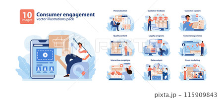 Consumer Engagement Vector Illustrations set. A collection showcasing diverse strategies for customer interaction, including personalization, feedback, and support. Consumer Engagement Vector Illustrations set. A collection showcasing diverse strategies for customer interaction, including personalization, feedback, and support. 115909843