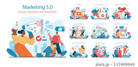 Marketing 5.0 set. Modern strategies in digital advertising, content creation, and customer engagement. Diverse team collaboration for sustainable growth. Vector illustration. Marketing 5.0 set. Modern strategies in digital advertising, content creation, and customer engagement. Diverse team collaboration for sustainable growth. Vector illustration. 115909849