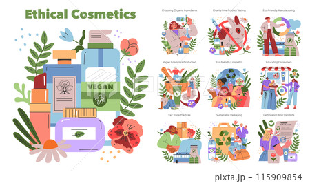 Ethical Cosmetics set. Sustainable beauty practices and cruelty-free products. Vegan ingredients and eco-friendly packaging. Vector illustration. Ethical Cosmetics set. Sustainable beauty practices and cruelty-free products. Vegan ingredients and eco-friendly packaging. Vector illustration. 115909854