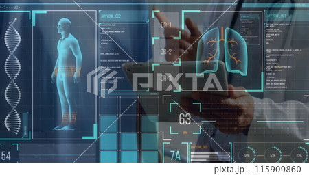 Digital interface with medical data processing against mid section of doctor using digital tablet 115909860