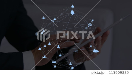 Image of web of connections with icons floating over hands of a man using a digital tablet 115909889