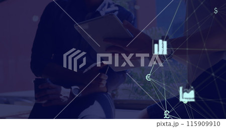 Image of web of connections with icons floating over two people using a digital tablet Image of web of connections with icons floating over two people using a digital tablet 115909910