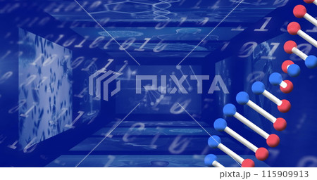 Dna structure spinning over screens on medical data processing against binary coding 115909913