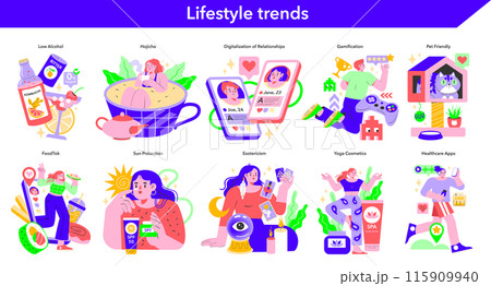 Lifestyle trends set. Contemporary habits and popular activities. Health, technology, and pet care focus. Modern life visualized in vibrant vectors. Lifestyle trends set. Contemporary habits and popular activities. Health, technology, and pet care focus. Modern life visualized in vibrant vectors. 115909940
