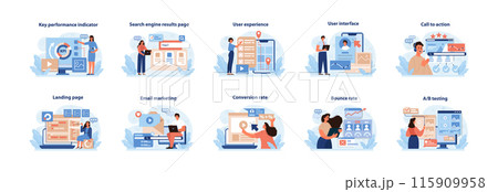 Digital Marketing Essentials Vector Illustrations. Engaging visuals depicting key digital marketing metrics and strategies for effective online presence. Flat vector graphics. Digital Marketing Essentials Vector Illustrations. Engaging visuals depicting key digital marketing metrics and strategies for effective online presence. Flat vector graphics. 115909958