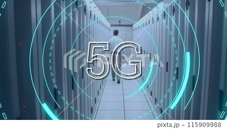 Digital image of futuristic circles moving around 5G with background of a man walking in a corridor 115909988