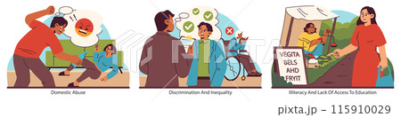 Societal issues set. Illustrates domestic abuse, discrimination, and educational challenges. Captures personal conflict, societal barriers, and learning opportunities. Flat vector illustration. Societal issues set. Illustrates domestic abuse, discrimination, and educational challenges. Captures personal conflict, societal barriers, and learning opportunities. Flat vector illustration. 115910029