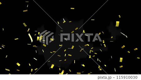 Image of gold confetti floating over black background Image of gold confetti floating over black background 115910030