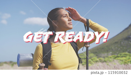 Image of the words get ready in white over happy woman hiking in mountains 115910032
