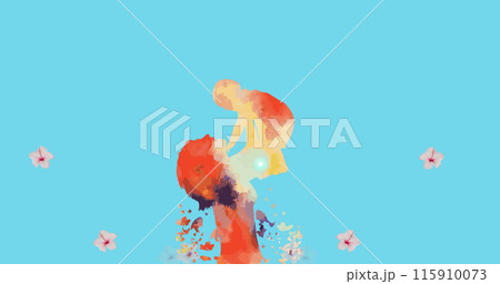 Neon digital clock ticking against red paint splash and multiple flowers floating on blue background Neon digital clock ticking against red paint splash and multiple flowers floating on blue background 115910073
