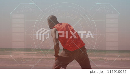 Image of data processing over african american man exercising at beach Image of data processing over african american man exercising at beach 115910085