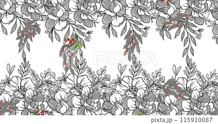 Digital image of multiple leaves icons against floral designs on white background Digital image of multiple leaves icons against floral designs on white background 115910087