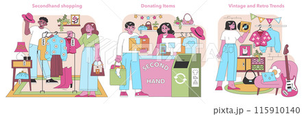 Eco-friendly shopping set. Characters engaging in secondhand shopping, donating goods, and enjoying vintage trends, promoting a sustainable lifestyle. Recycle, reuse, rejoice. Vector illustration. Eco-friendly shopping set. Characters engaging in secondhand shopping, donating goods, and enjoying vintage trends, promoting a sustainable lifestyle. Recycle, reuse, rejoice. Vector illustration. 115910140