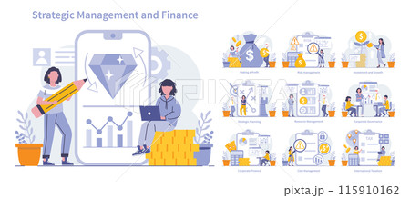 Strategic Management and Finance set. Diverse business scenarios including profit generation, risk, investment, planning, and governance. Corporate financial strategies in action. Vector illustration. 115910162