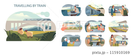 Travelling by Train set. A panorama of rail travel experiences. Commuters and vacationers, serene landscapes, bustling stations. Modern journey comfort. Travelling by Train set. A panorama of rail travel experiences. Commuters and vacationers, serene landscapes, bustling stations. Modern journey comfort. 115910169