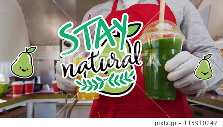 Image of stay natural text over food vendor serving health drinks to customer Image of stay natural text over food vendor serving health drinks to customer 115910247