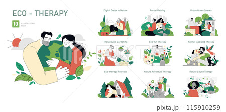Eco-Therapy set. Healing interactions with nature and animals. Digital detox, forest bathing, gardening, and urban green spaces illustration. Vector illustration. Eco-Therapy set. Healing interactions with nature and animals. Digital detox, forest bathing, gardening, and urban green spaces illustration. Vector illustration. 115910259