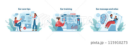 Auditory Health Practices Set. Detailed vector illustrations showing ear care, auditory exercises, and relaxation techniques for hearing wellness. Flat vector illustration. 115910273
