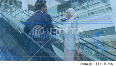 Image of financial data processing over diverse business people in office 115910290