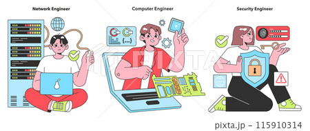 Dynamic vector illustration depicting IT professionals a Network Engineer, a Computer Engineer, and a Security Engineer amidst their specialized tech environments 115910314
