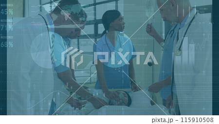 Image of graphs and data over diverse female and male doctors with patient Image of graphs and data over diverse female and male doctors with patient 115910508